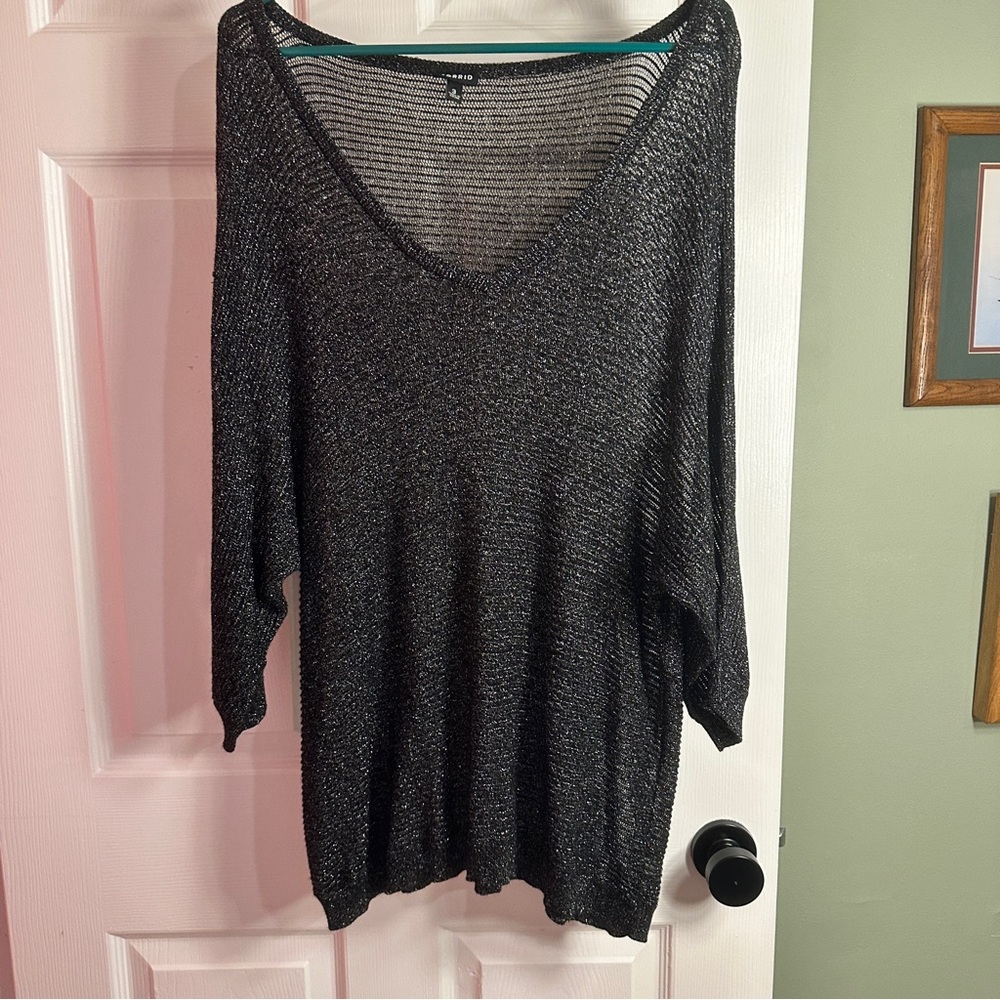 Torrid Black Sheer V-Neck Sweater Metallic Glitter Tunic Length Plus 3X